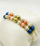 Bracciale rigido perle corallo rosa agata blu e oro giallo